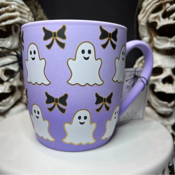Cobwebs & Cauldrons Halloween Purple Ombre White Ghost Black Bow Coffee Mugs - Picture 5 of 12